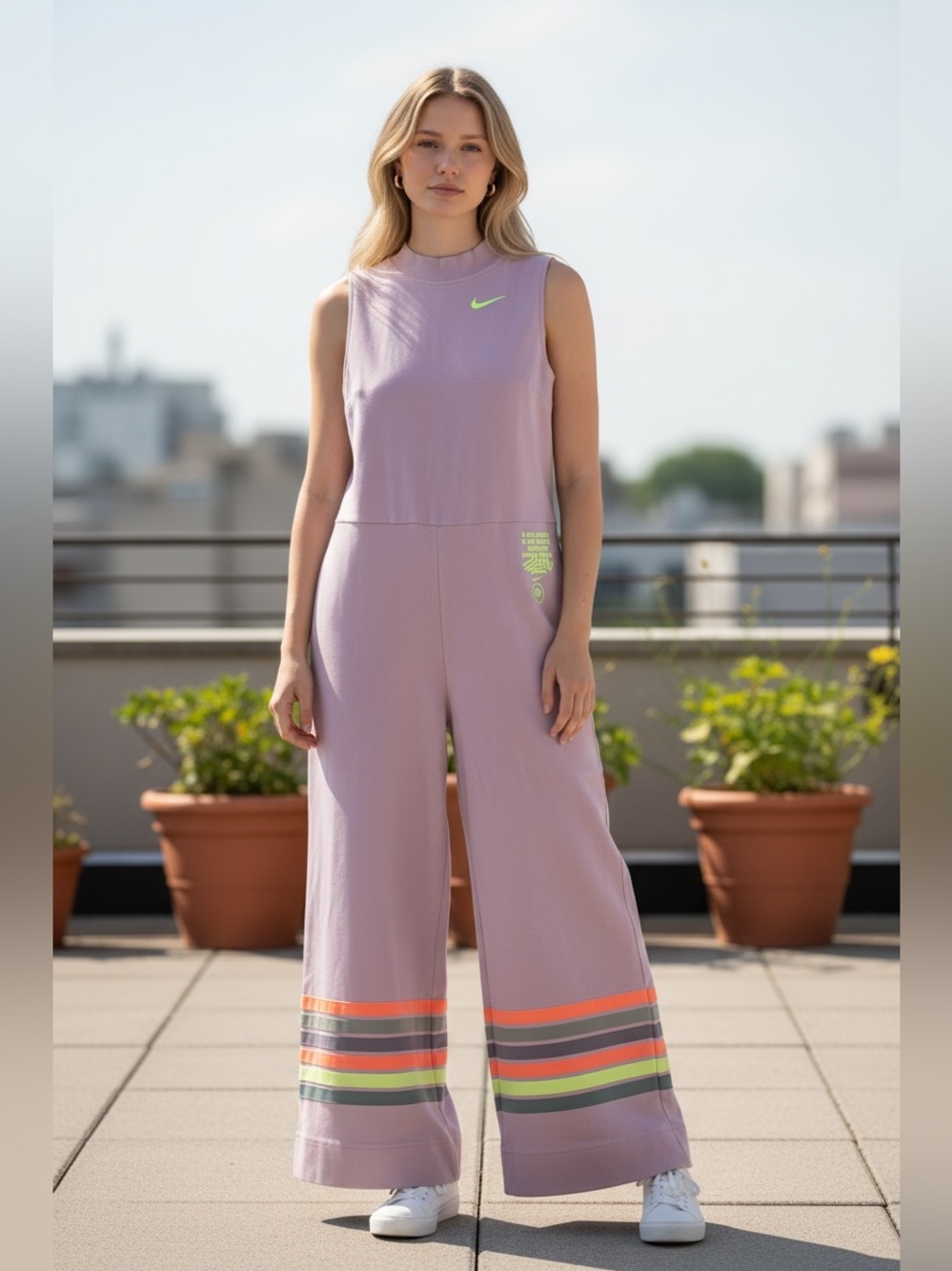 Nike Light Lilac Wide-Leg Jumpsuit with Neon Green & Orange Stripes